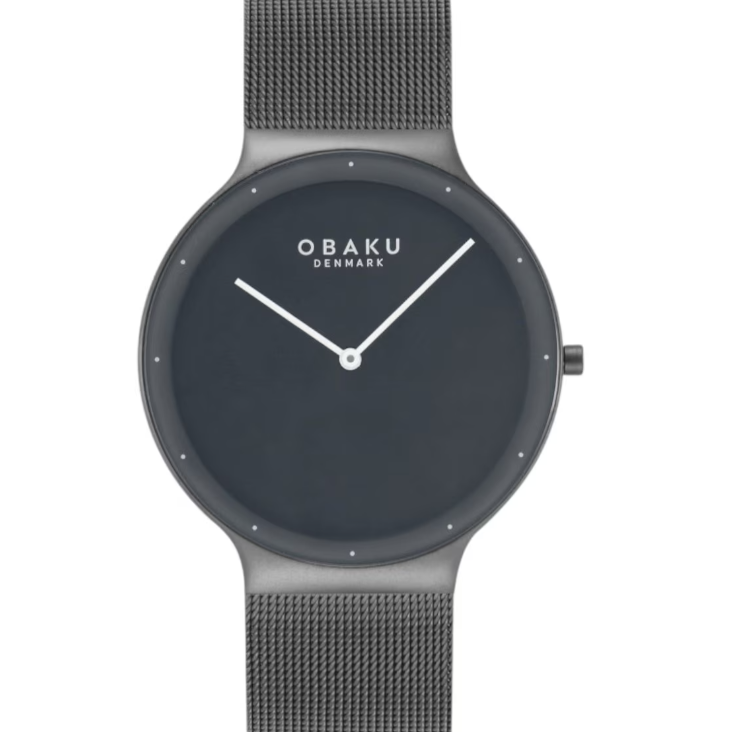 Obaku Net Smokey V307GXUUMU grey dial minimalist watch with gun-grey mesh bracelet and sapphire crystal