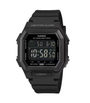 Casio W-738H-1BVDF digital quartz watch with black resin case and strap, LCD display showing vibration alarm feature and 10-year battery life