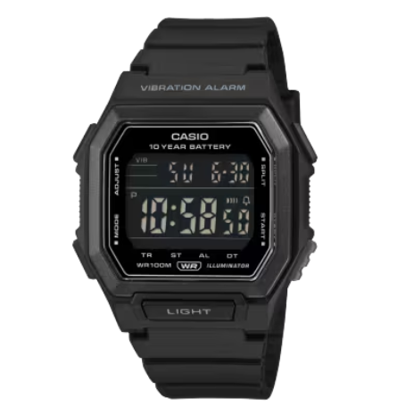 Casio W-738H-1BVDF digital quartz watch with black resin case and strap, LCD display showing vibration alarm feature and 10-year battery life