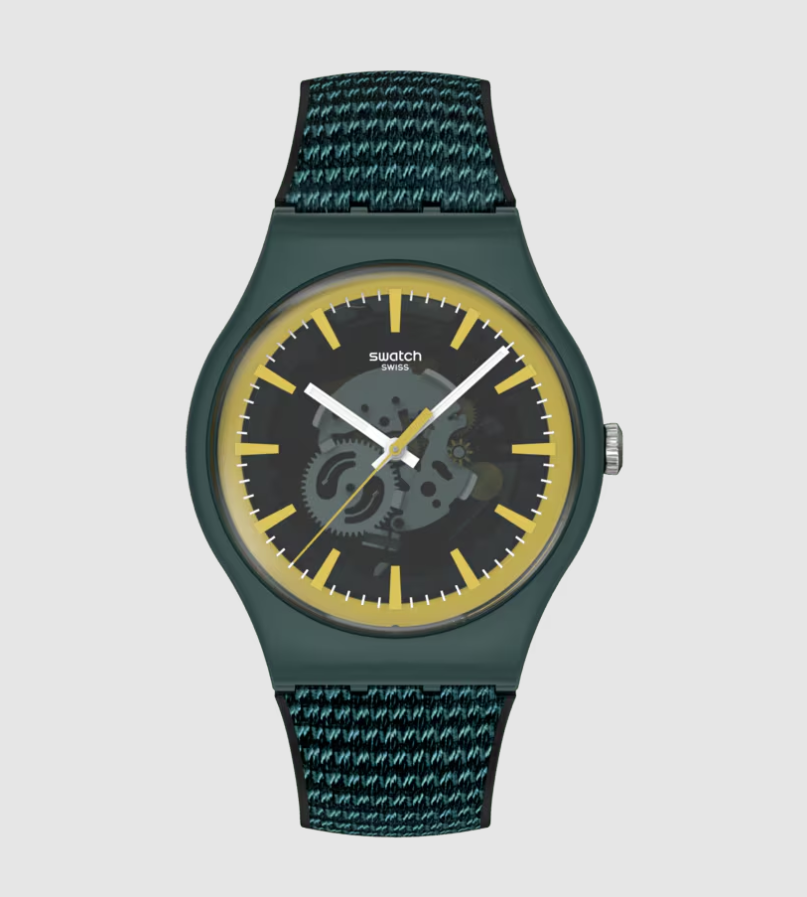 Swatch Perfectly Green Pay! SO29G112-6000 quartz watch with 41mm green bio-resin case, transparent green dial with yellow markers, and textile chevron strap