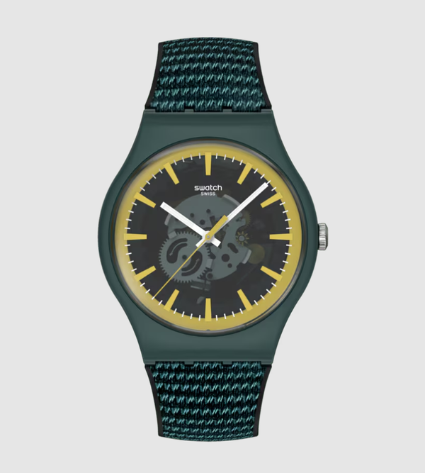 Swatch Perfectly Green Pay! SO29G112-6000 quartz watch with 41mm green bio-resin case, transparent green dial with yellow markers, and textile chevron strap