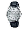 Casio MTP-V001L quartz watch with 38mm stainless steel case, silver sunray dial, Arabic numerals, and black embossed leather strap