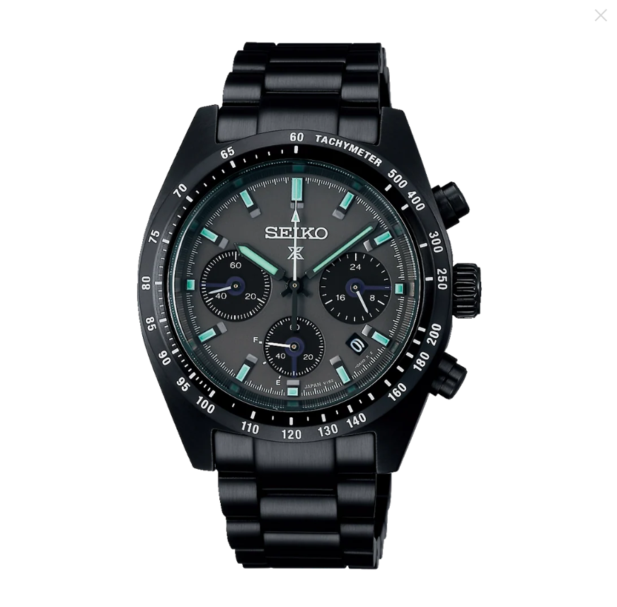 Seiko Prospex Speedtimer Solar Chronograph SSC917P1 black ion-plated watch with black dial and turquoise indices on steel bracelet