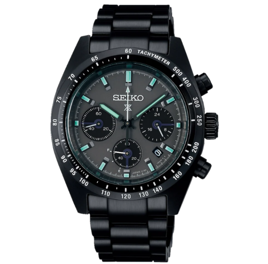 Seiko Prospex Speedtimer Solar Chronograph SSC917P1 black ion-plated watch with black dial and turquoise indices on steel bracelet
