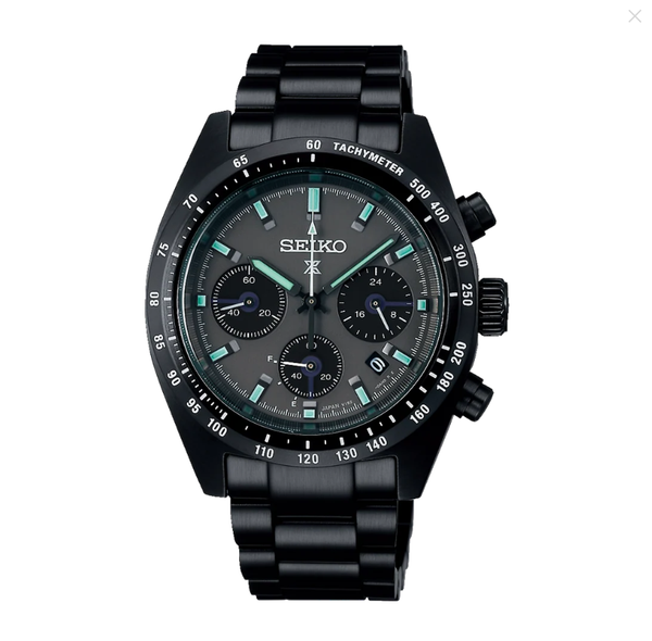Seiko Prospex Speedtimer Solar Chronograph SSC917P1 black ion-plated watch with black dial and turquoise indices on steel bracelet