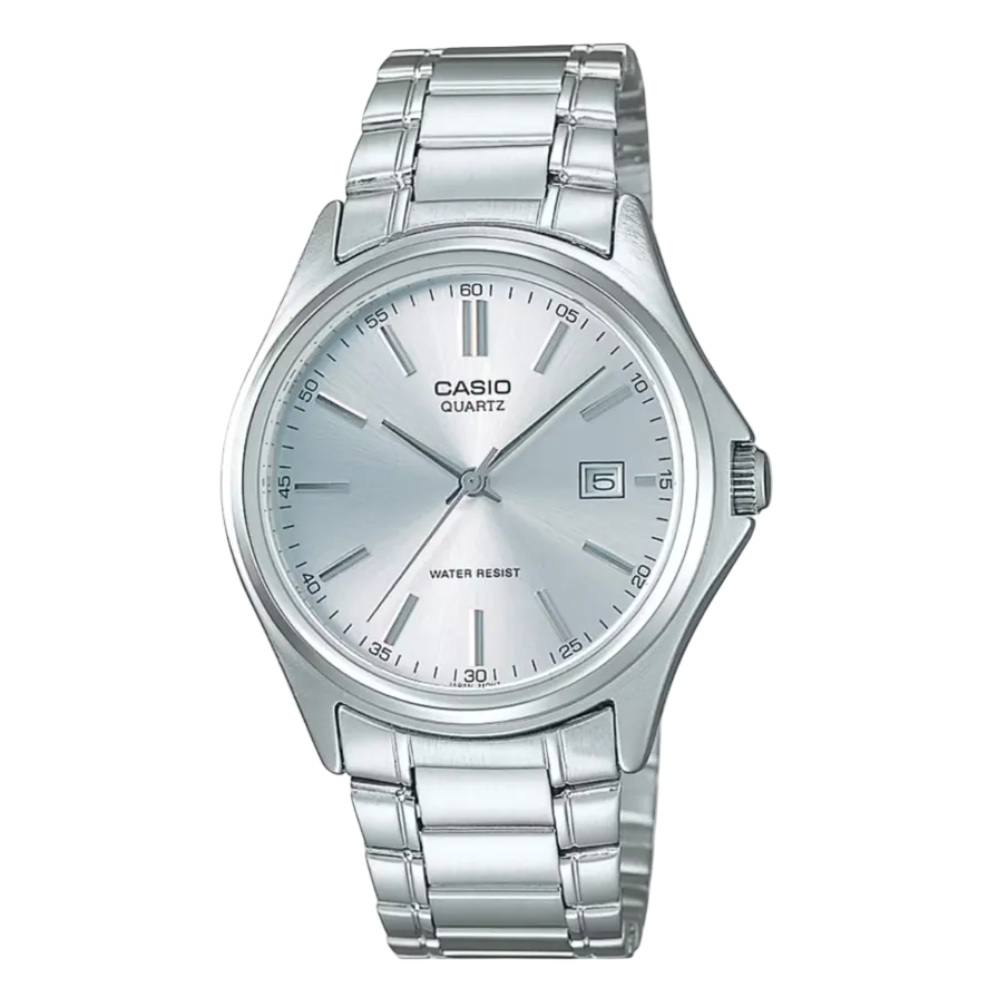 Casio MTP-1183A-7ADF quartz watch with 38.5mm stainless steel case, silver sunray dial with date window, and polished steel bracelet