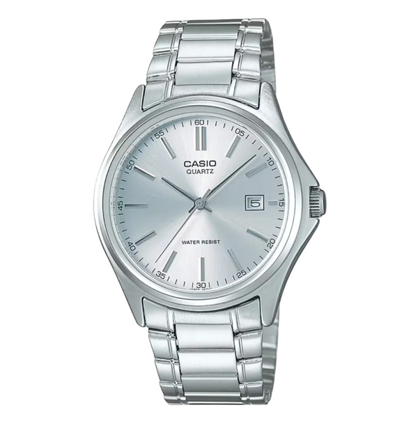 Casio MTP-1183A-7ADF quartz watch with 38.5mm stainless steel case, silver sunray dial with date window, and polished steel bracelet