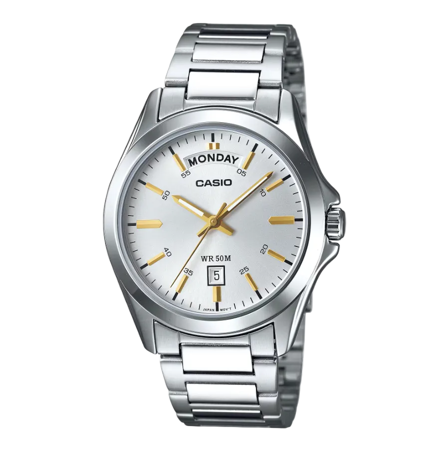 Casio MTP-1370D-7A2VDF stainless steel quartz watch with silver dial, gold-tone hands, day-date display, and 40mm round case