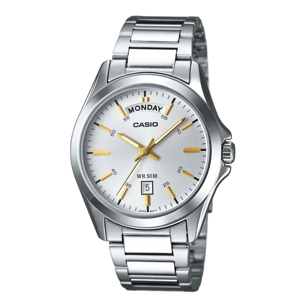 Casio MTP-1370D-7A2VDF stainless steel quartz watch with silver dial, gold-tone hands, day-date display, and 40mm round case