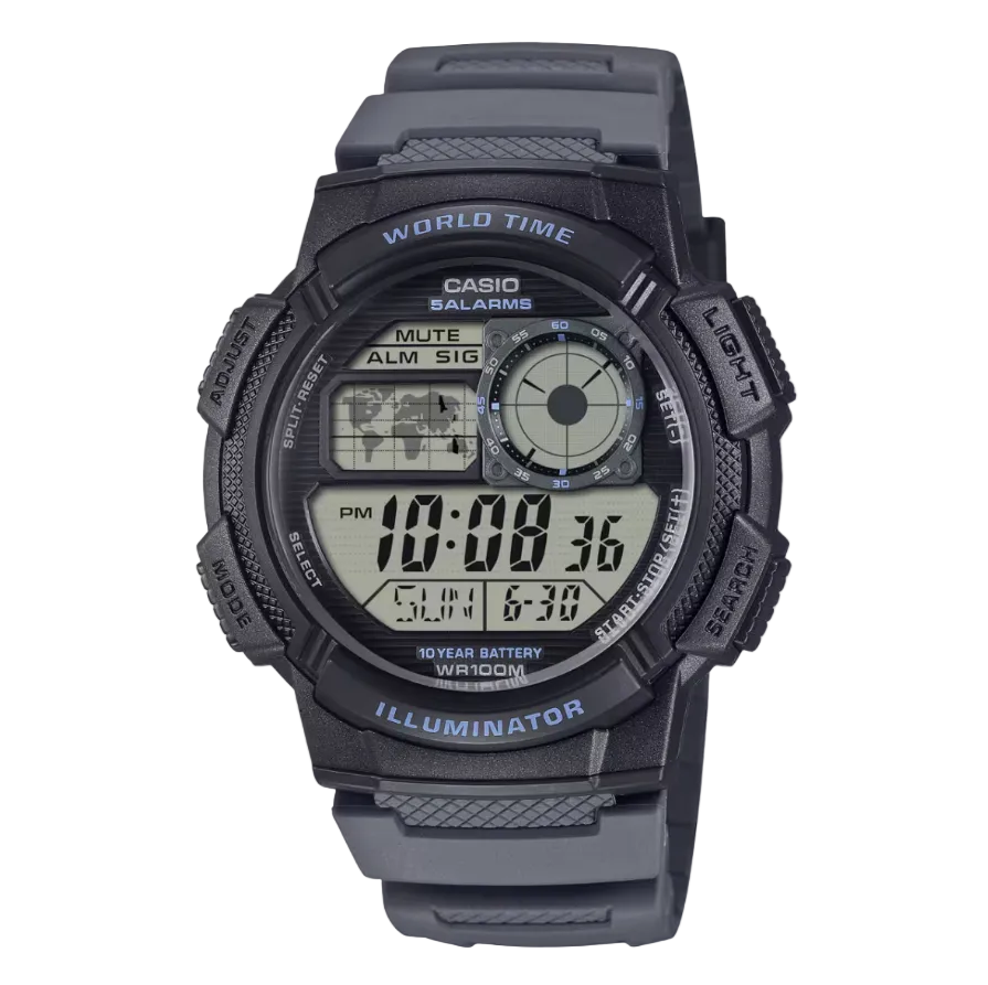 Casio AE-1000W-8AVDF grey resin digital sports watch with world time display and LED backlight