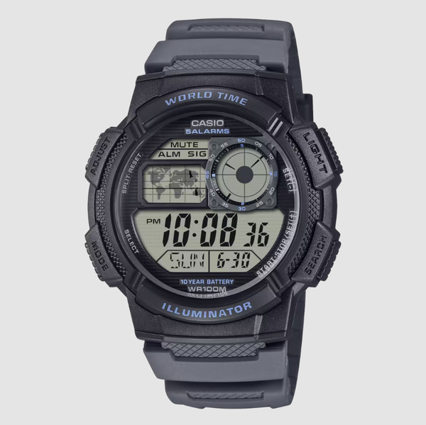 Casio AE-1000W-8AVDF grey resin digital sports watch with world time display and LED backlight