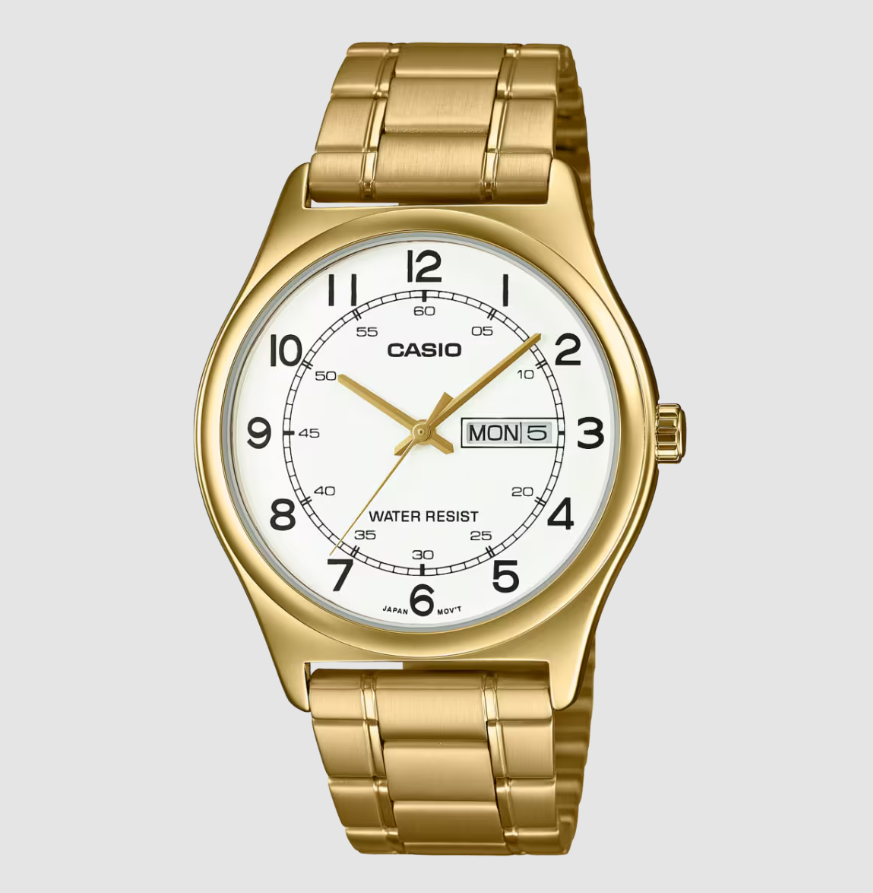 Casio MTP-V006G-7B men's quartz watch with white dial, black Arabic numerals, day-date display, and gold-tone stainless steel case and bracelet