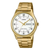 Casio MTP-V006G-7B men's quartz watch with white dial, black Arabic numerals, day-date display, and gold-tone stainless steel case and bracelet