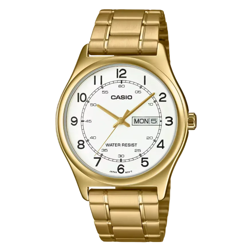 Casio MTP-V006G-7B men's quartz watch with white dial, black Arabic numerals, day-date display, and gold-tone stainless steel case and bracelet
