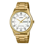 Casio MTP-V006G-7B men's quartz watch with white dial, black Arabic numerals, day-date display, and gold-tone stainless steel case and bracelet