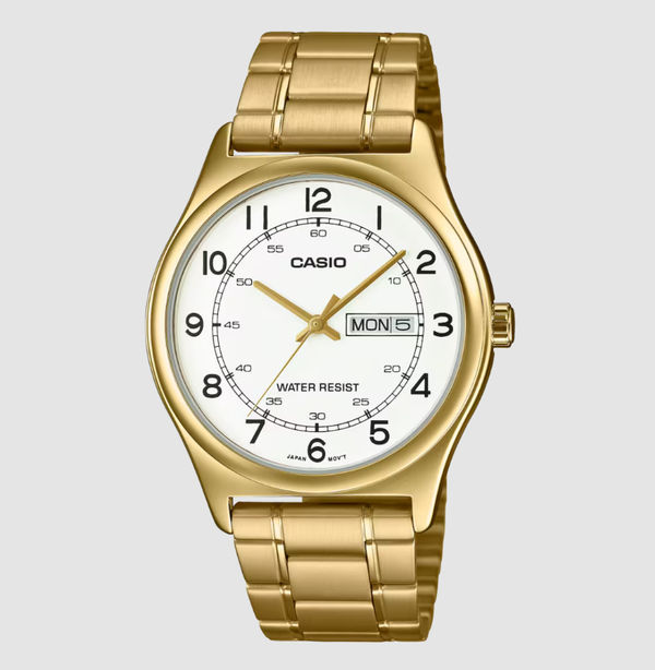 Casio MTP-V006G-7B men's quartz watch with white dial, black Arabic numerals, day-date display, and gold-tone stainless steel case and bracelet