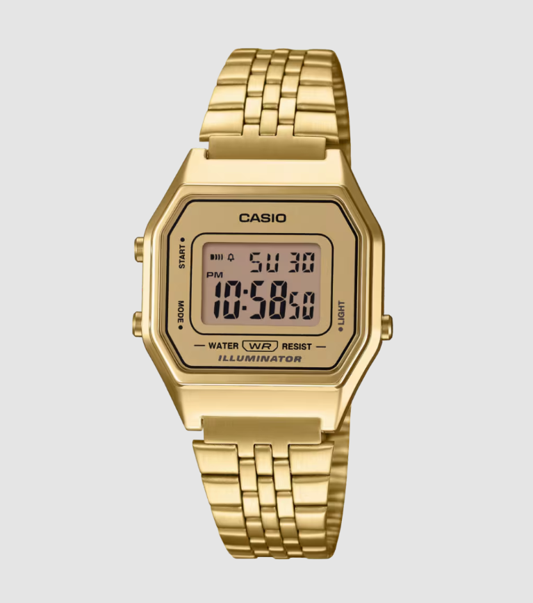 Casio LA680WGA-9DF gold tone digital watch with rectangular case and stainless steel bracelet