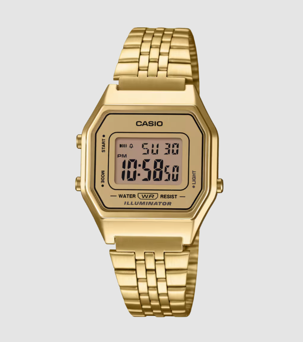 Casio LA680WGA-9DF gold tone digital watch with rectangular case and stainless steel bracelet