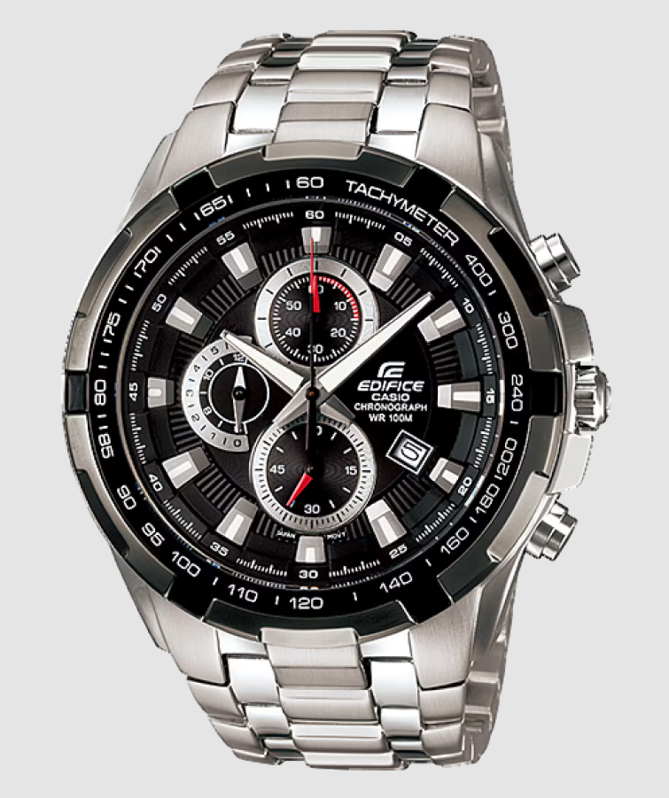 Casio Edifice EF-539D quartz chronograph watch with black dial, tachymeter bezel, stainless steel case and bracelet, three sub-dials and date window