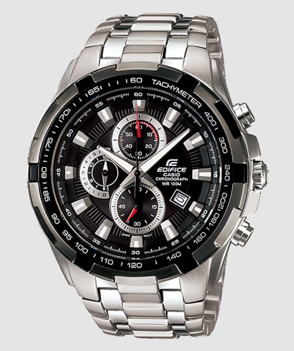 Casio Edifice EF-539D quartz chronograph watch with black dial, tachymeter bezel, stainless steel case and bracelet, three sub-dials and date window