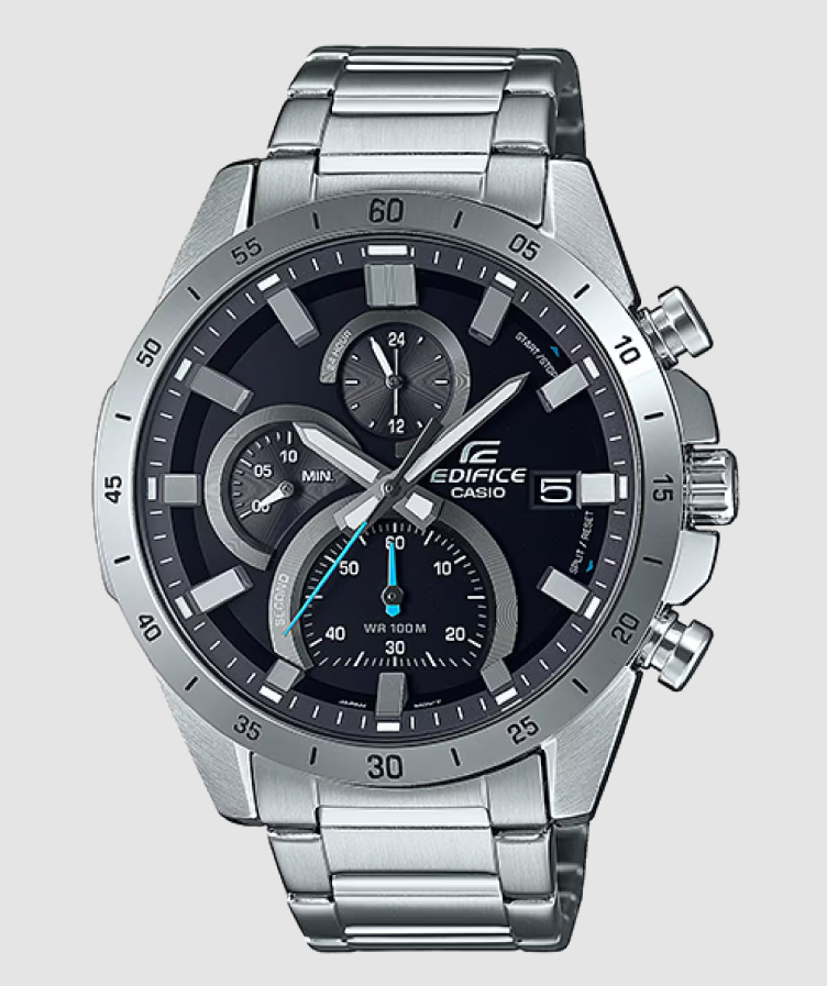 Casio Edifice EFR-571D-1AVUDF chronograph watch with black dial, silver stainless steel case and bracelet, tachymeter bezel, and blue chronograph hand