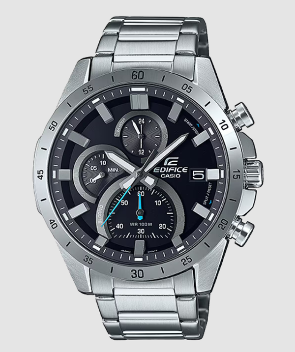 Casio Edifice EFR-571D-1AVUDF chronograph watch with black dial, silver stainless steel case and bracelet, tachymeter bezel, and blue chronograph hand