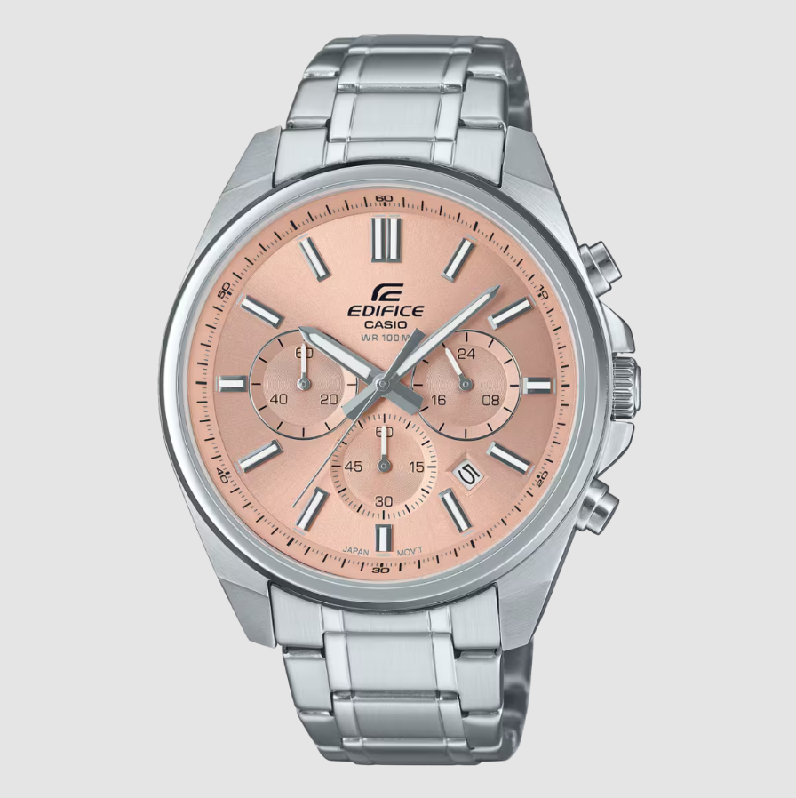 Casio Edifice EFV-650D-4AVUDF quartz chronograph watch with pink dial and stainless steel bracelet