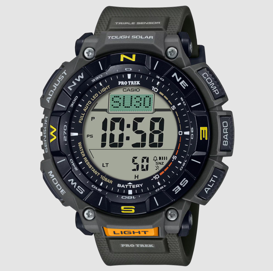Casio Pro Trek PRG-340-3DR solar digital watch with green resin strap, round case, Triple Sensor technology and compass bezel