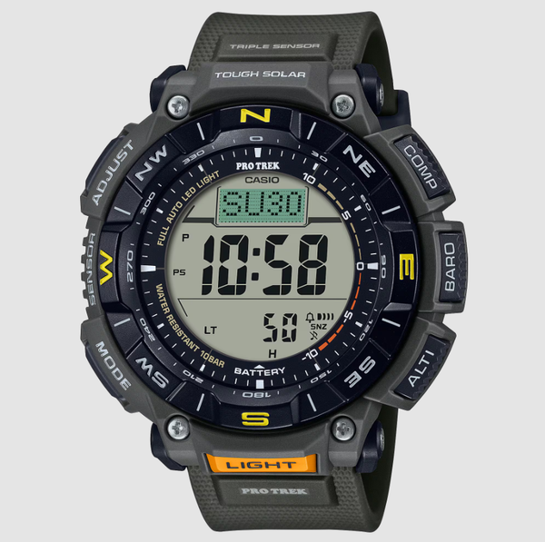 Casio Pro Trek PRG-340-3DR solar digital watch with green resin strap, round case, Triple Sensor technology and compass bezel