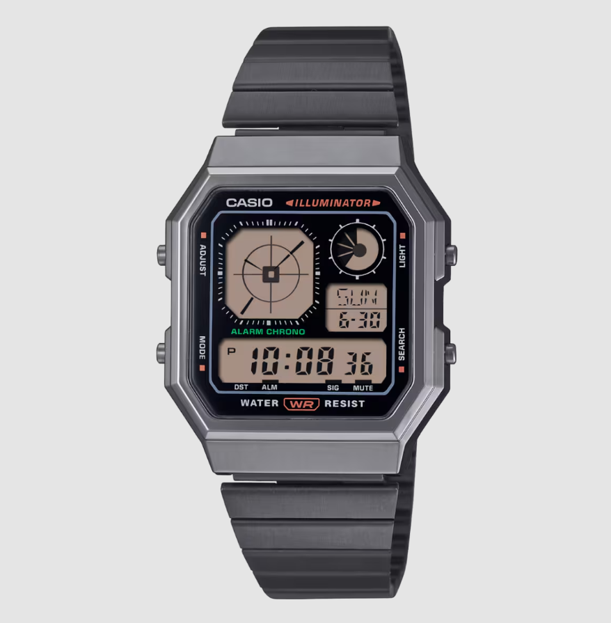 Casio A130WEGG-1A Vintage digital watch with square grey resin case, black multi-function dial with Illuminator, and stainless steel bracelet