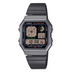 Casio A130WEGG-1A Vintage digital watch with square grey resin case, black multi-function dial with Illuminator, and stainless steel bracelet