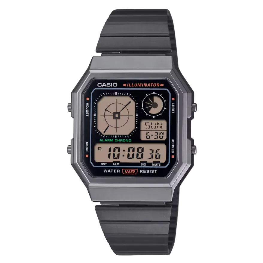 Casio A130WEGG-1A Vintage digital watch with square grey resin case, black multi-function dial with Illuminator, and stainless steel bracelet
