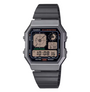 Casio A130WEGG-1A Vintage digital watch with square grey resin case, black multi-function dial with Illuminator, and stainless steel bracelet