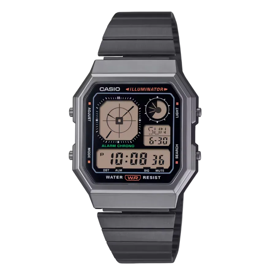 Casio A130WEGG-1A Vintage digital watch with square grey resin case, black multi-function dial with Illuminator, and stainless steel bracelet
