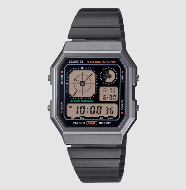 Casio A130WEGG-1A Vintage digital watch with square grey resin case, black multi-function dial with Illuminator, and stainless steel bracelet