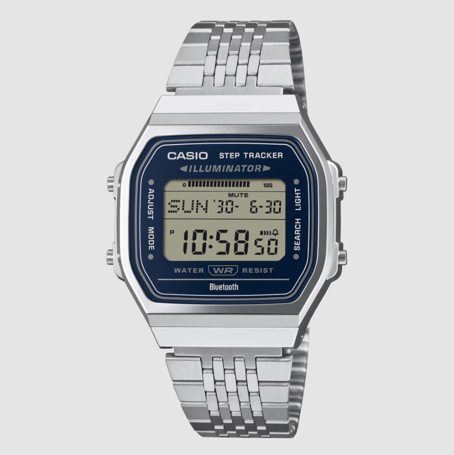 Casio ABL-100WE-2ADF Vintage Step Tracker digital watch with blue dial and stainless steel bracelet on square case