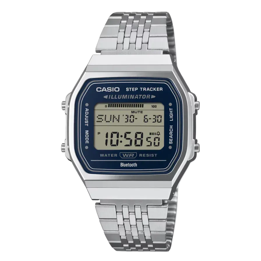 Casio ABL-100WE-2ADF Vintage Step Tracker digital watch with blue dial and stainless steel bracelet on square case