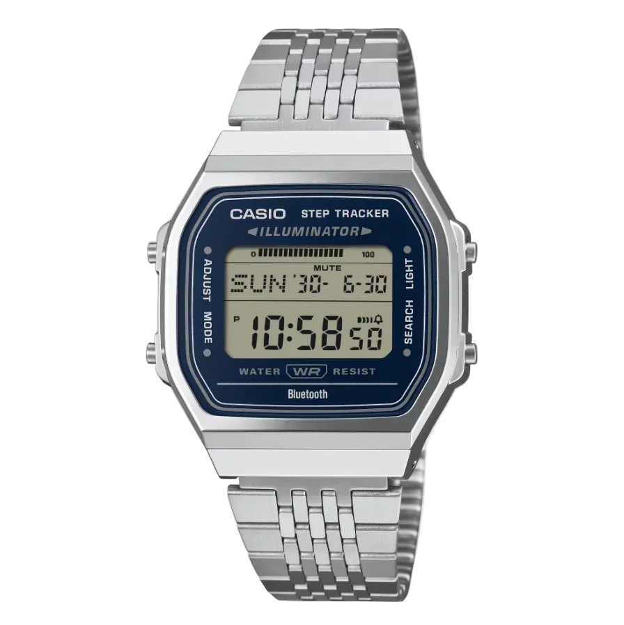 Casio ABL-100WE-2ADF Vintage Step Tracker digital watch with blue dial and stainless steel bracelet on square case