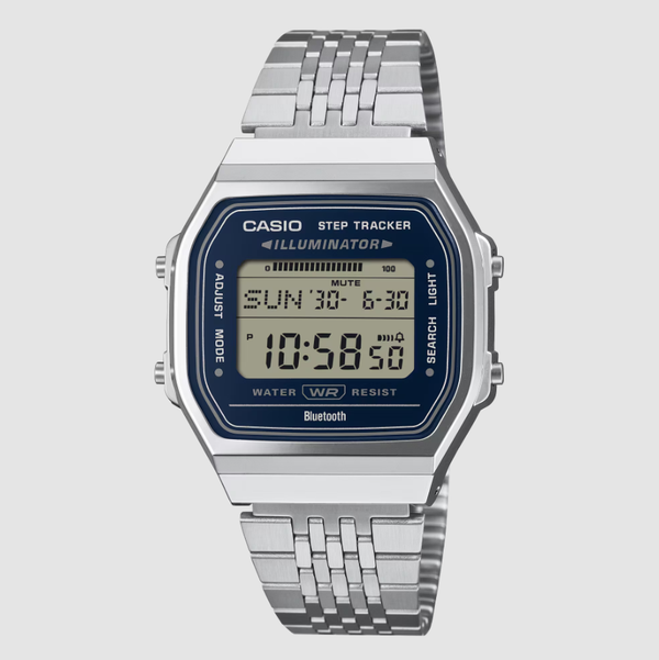Casio ABL-100WE-2ADF Vintage Step Tracker digital watch with blue dial and stainless steel bracelet on square case