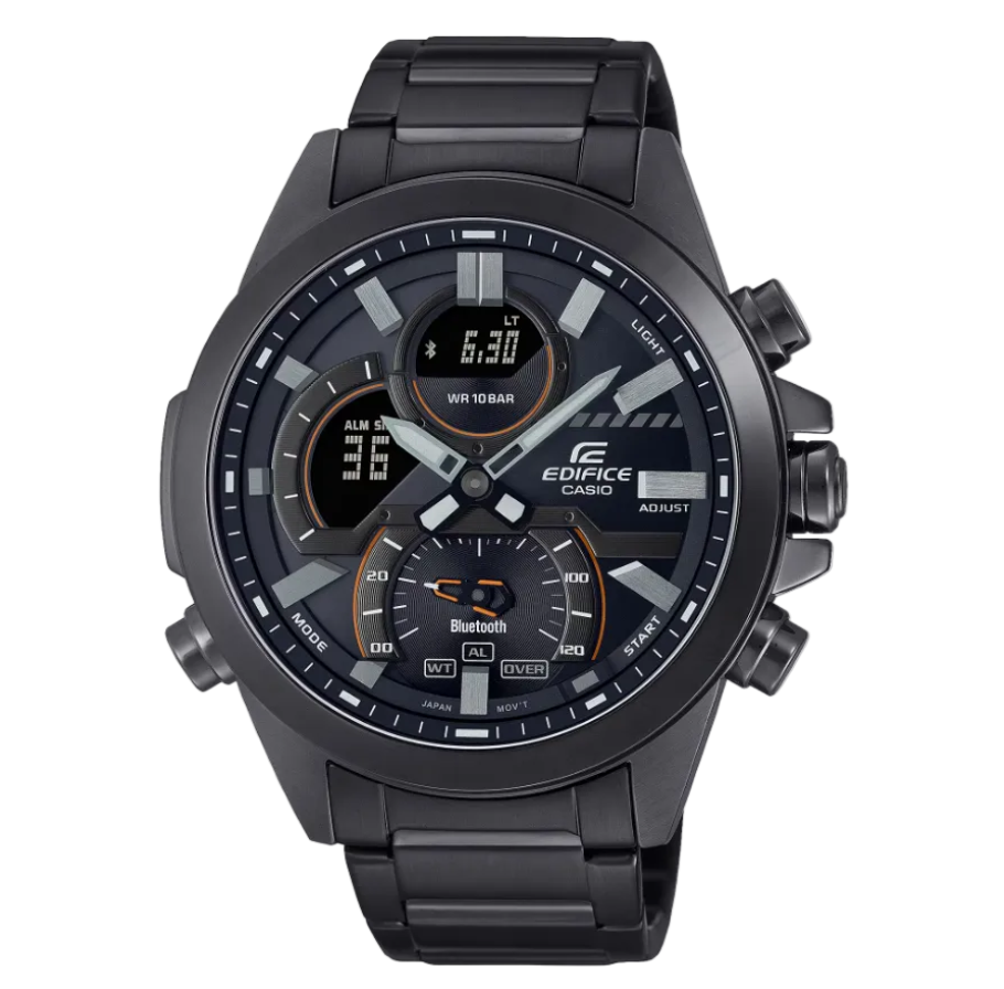 Casio EDIFICE ECB-30DC-1ADF black dial watch with orange accents on black IP steel bracelet