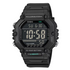 Casio AE-1600WH digital watch with black square resin case, large digital display showing time and alarms, and black resin strap