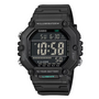 Casio AE-1600WH digital watch with black square resin case, large digital display showing time and alarms, and black resin strap