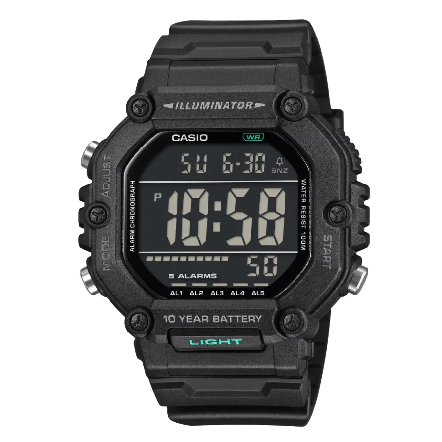 Casio AE-1600WH digital watch with black square resin case, large digital display showing time and alarms, and black resin strap