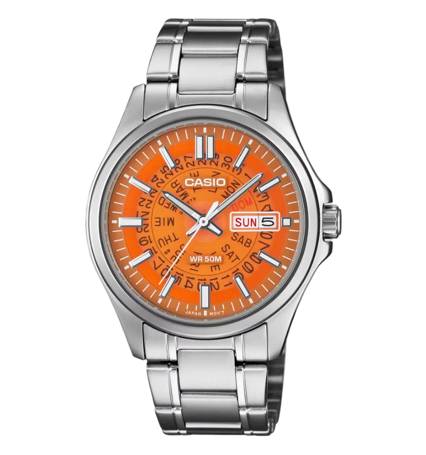 Casio MTP-E740-4AVDF quartz watch with vibrant orange dial, stainless steel case and bracelet, day-date display at 3 o'clock, luminous hands and markers