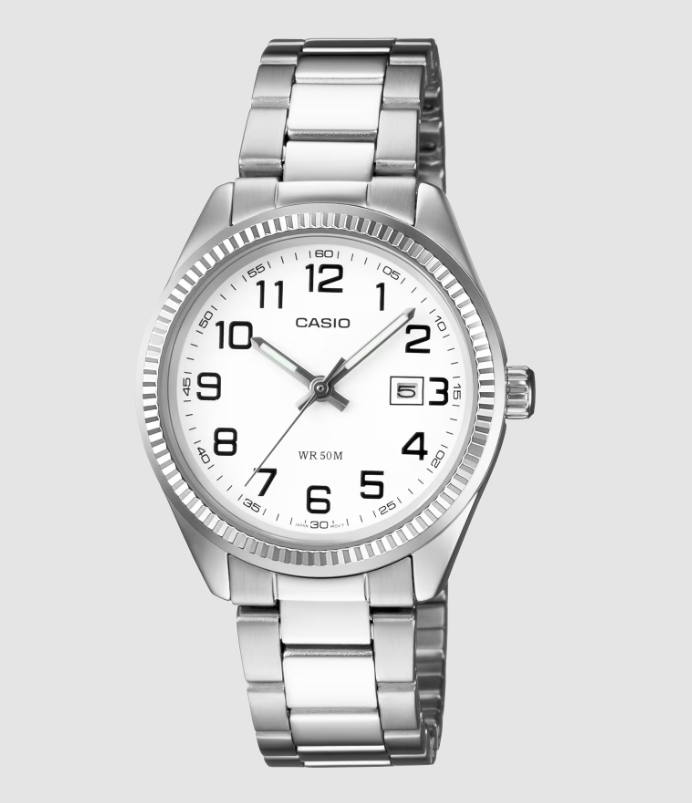 Casio LTP-1302D ladies quartz watch with white dial, fluted bezel, and stainless steel bracelet