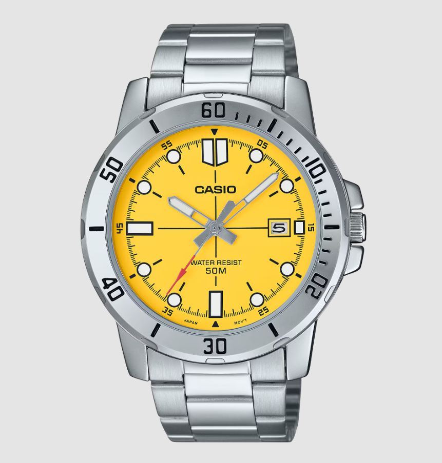 Casio MTP-VD01D quartz watch with yellow dial, stainless steel case, rotating bezel, and date display at 3 o'clock