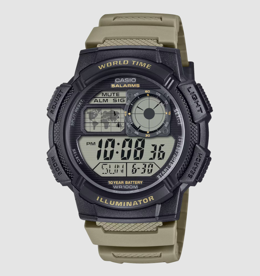 Casio AE-1000W digital quartz watch with black resin case, olive green textile strap, and multi-display dial showing world time and alarm functions