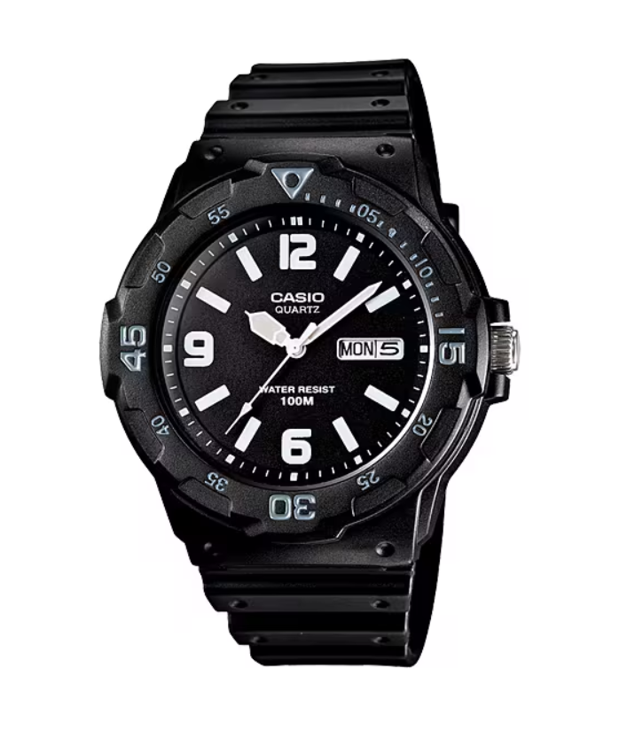 Casio MRW-200H quartz diver-style watch with black dial, rotating bezel, resin case and strap, and luminous hands