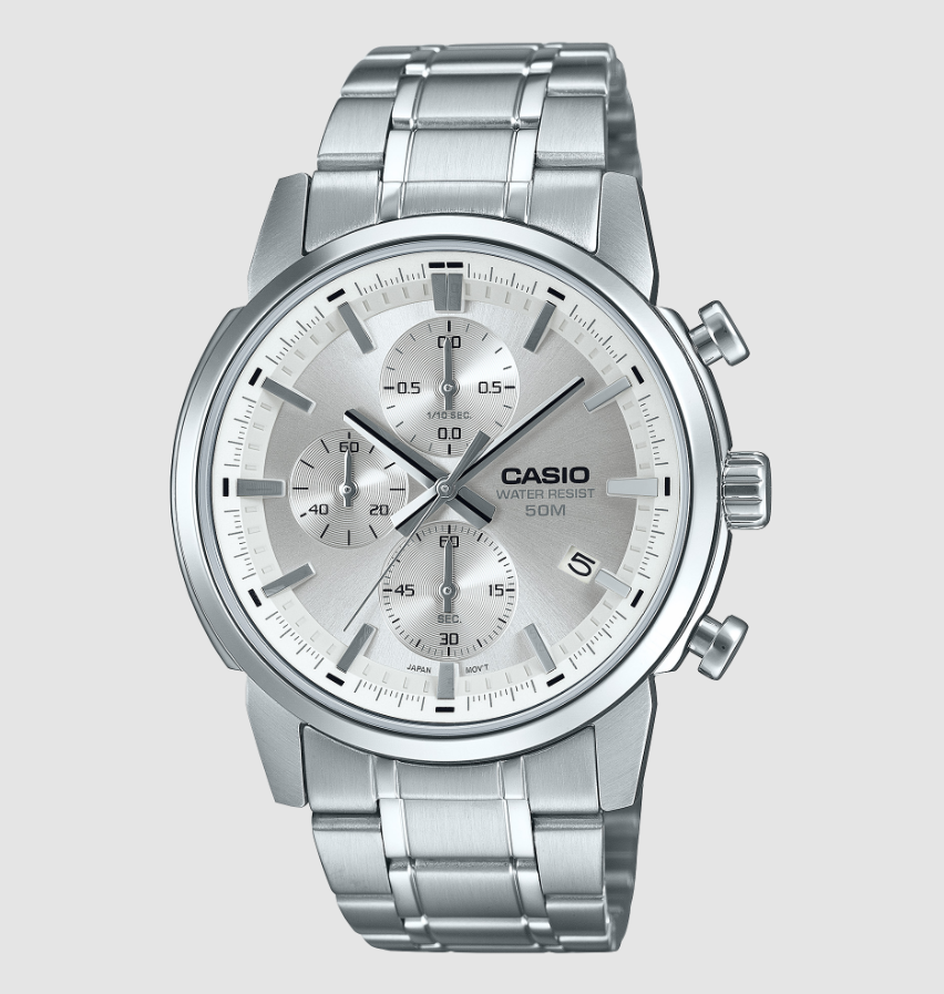 Casio MTP-E510D quartz chronograph watch with 42mm round stainless steel case, silver sunray dial, three sub-dials, and polished steel bracelet on grey background