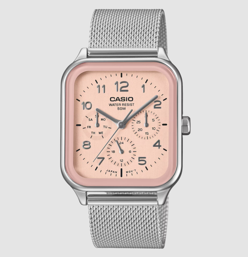 Casio MTP-M306M quartz watch with 34mm square stainless steel case, pink sunburst dial, day-date sub-dials, and stainless steel mesh bracelet